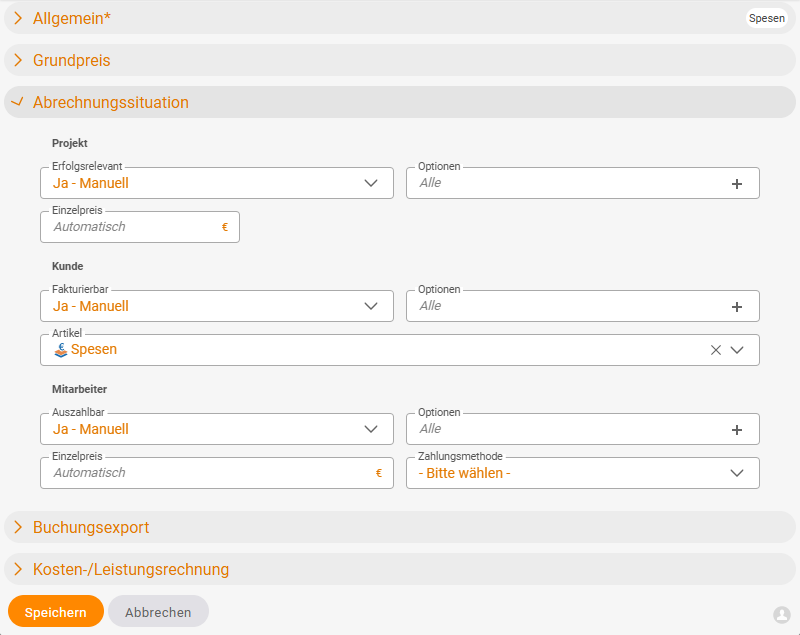 Cost type dialog, Billing situation accordion with the three blocks Project (P&L-relevant), Customer (Billable) and Employee (Payable), each with a Yes-Manual drop-down and an options selector