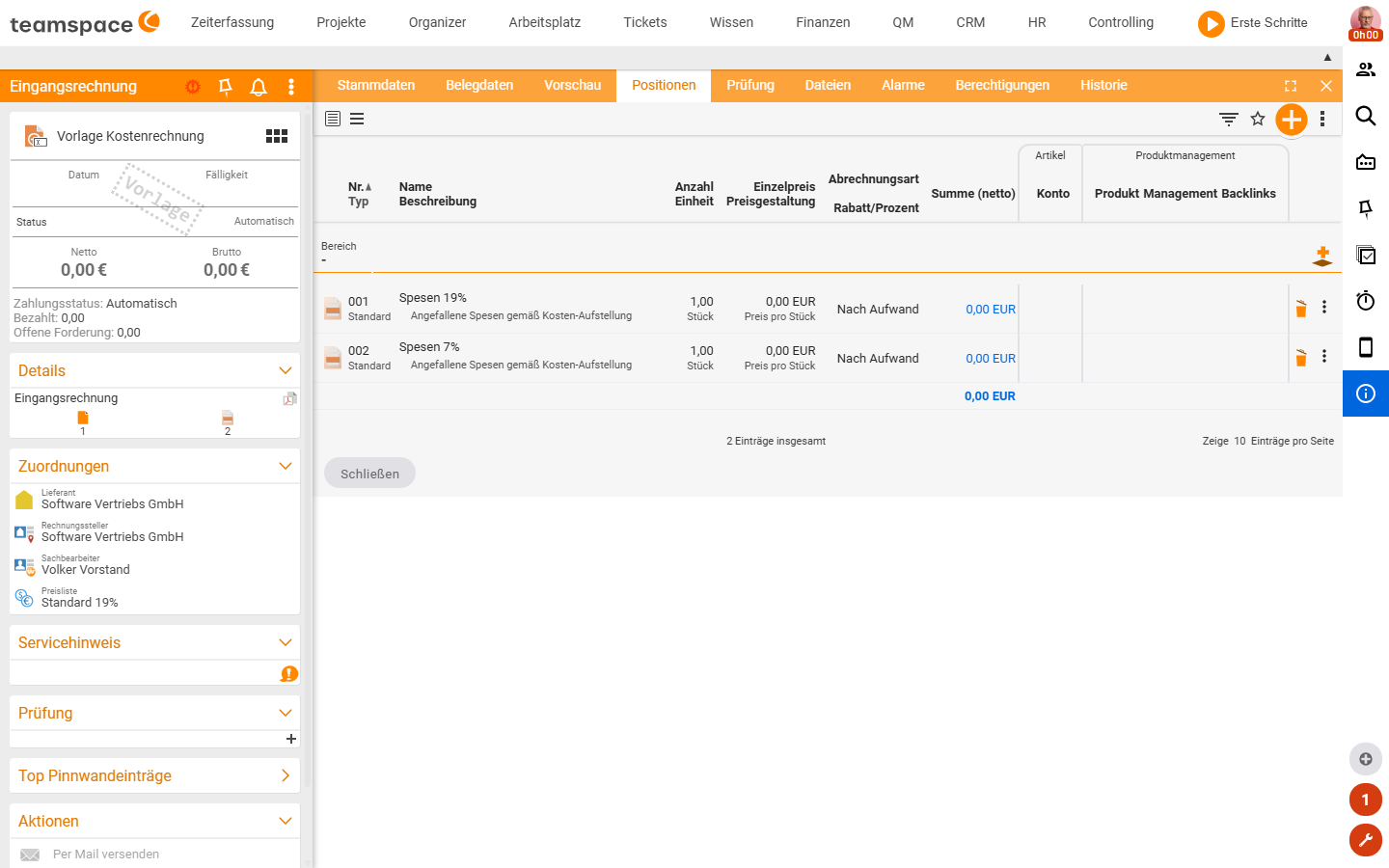 Document template Expense invoice, Items tab with the two compartments Expenses 19% and Expenses 7%; on the left the assignments with supplier and invoicing party