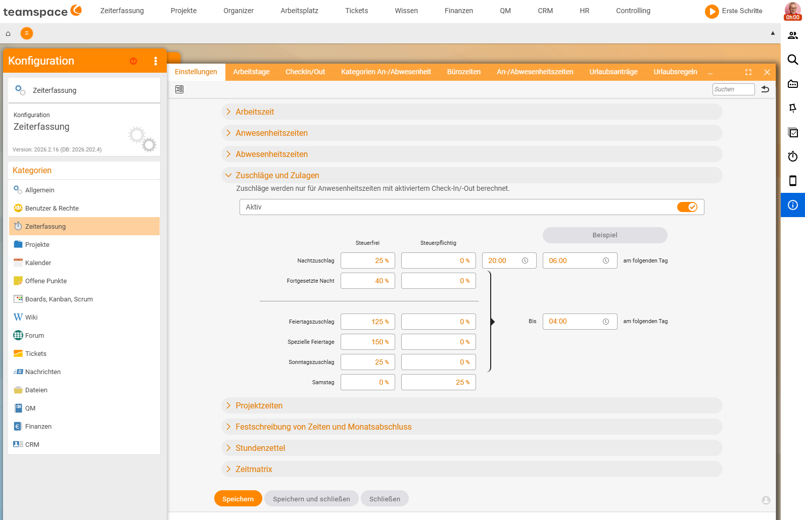 Configuration → Time tracking → Settings, accordion 'Supplements and allowances' (Active): table with Night supplement 25%, Continued night 40%, Public holiday supplement 125%, Special public holidays 150%, Sunday supplement 25%, Saturday, each with columns Tax-free/Taxable and the night window 20:00–06:00