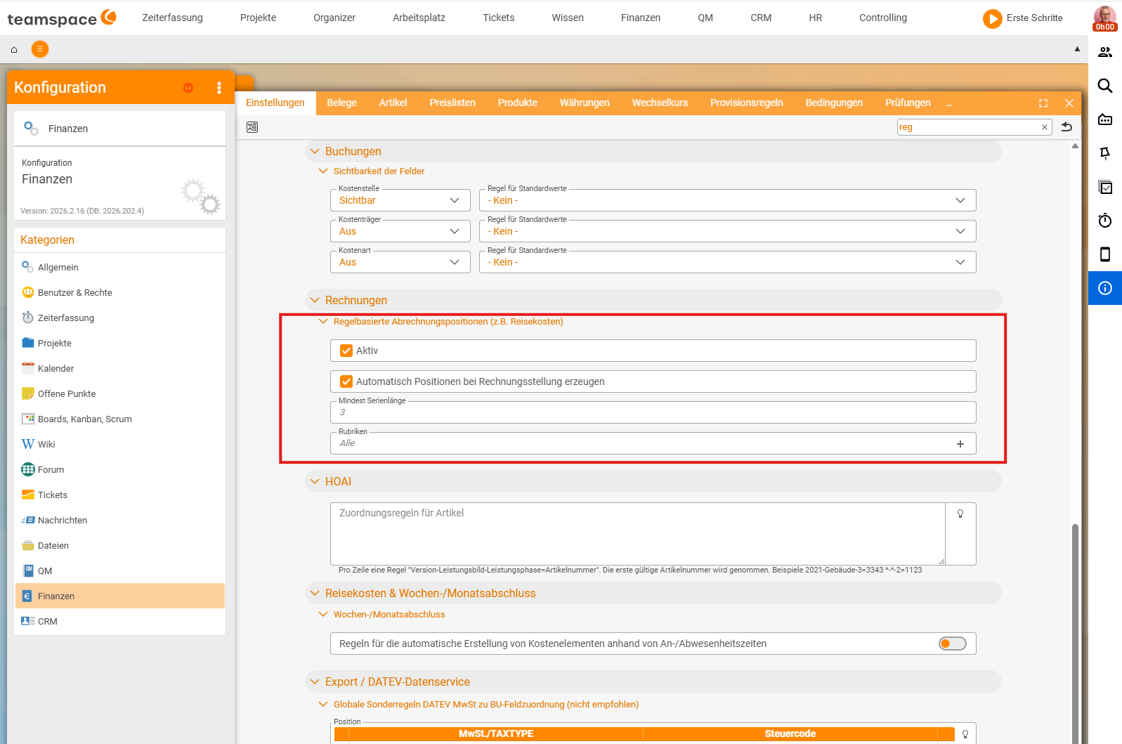 Configuration → Finance → 'Settings' tab, section 'Rule-based billing items (e.g. travel expenses)' with the 'Active' tick set, 'Automatically create items when invoicing' enabled, the 'Minimum series length' field (3) and 'Categories' on 'All'