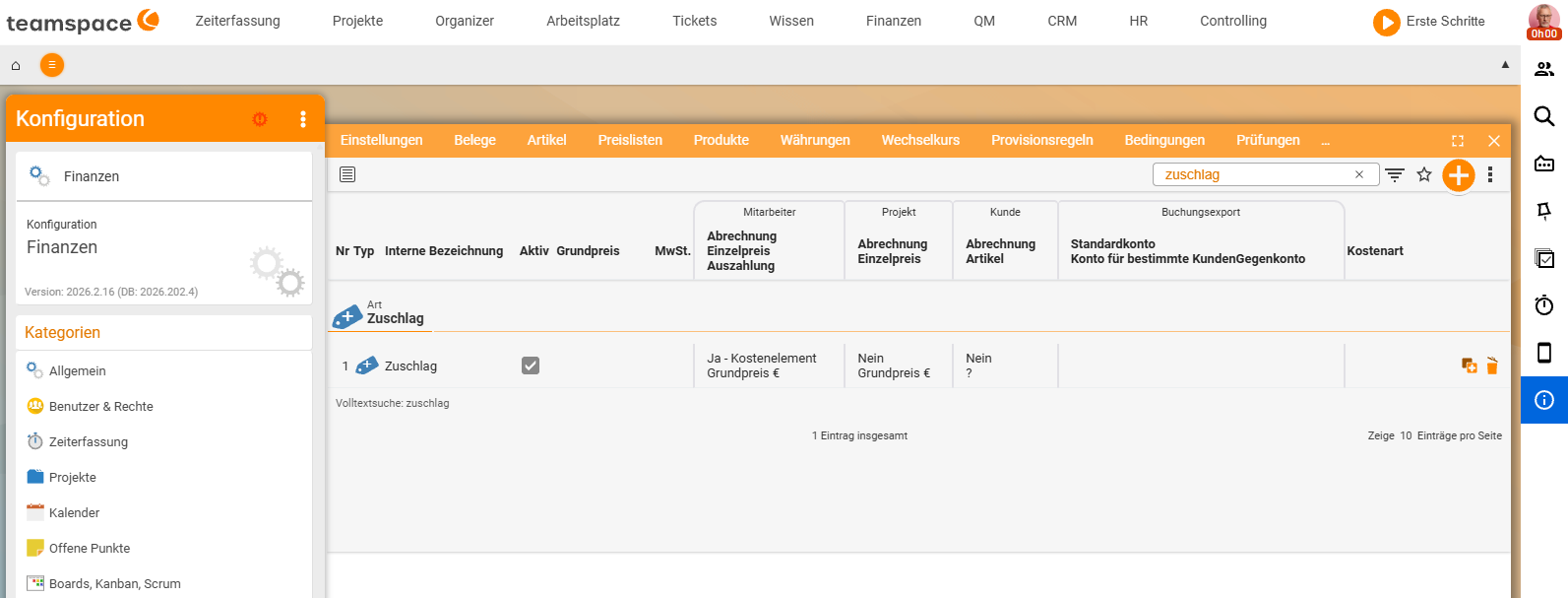 Configuration → Finance → Articles, filtered by 'supplement': an entry of kind 'Supplement', Active, with the billing columns Employee 'Yes - Cost element / Base price €', Project 'No', Customer 'No'