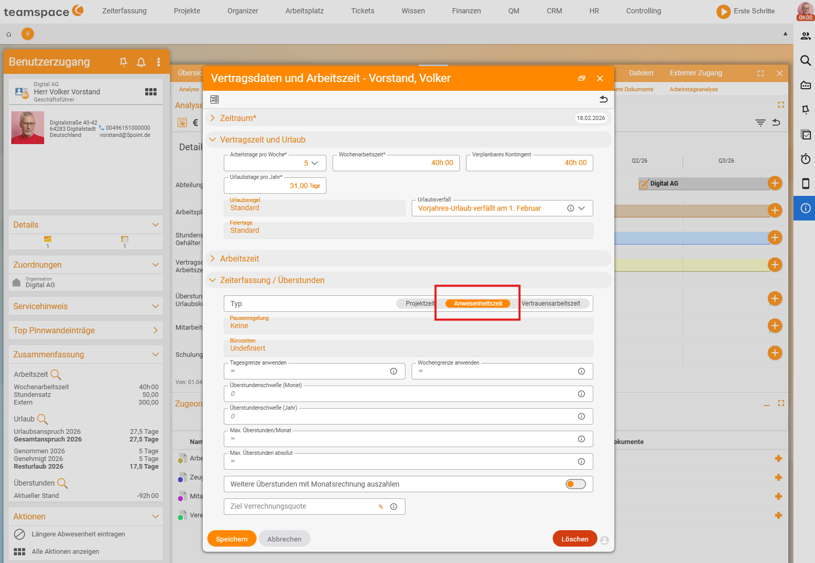 HR portal, dialog 'Contract data and working hours', accordion 'Time tracking / Overtime': the type selection with the time-tracking type 'Attendance' highlighted