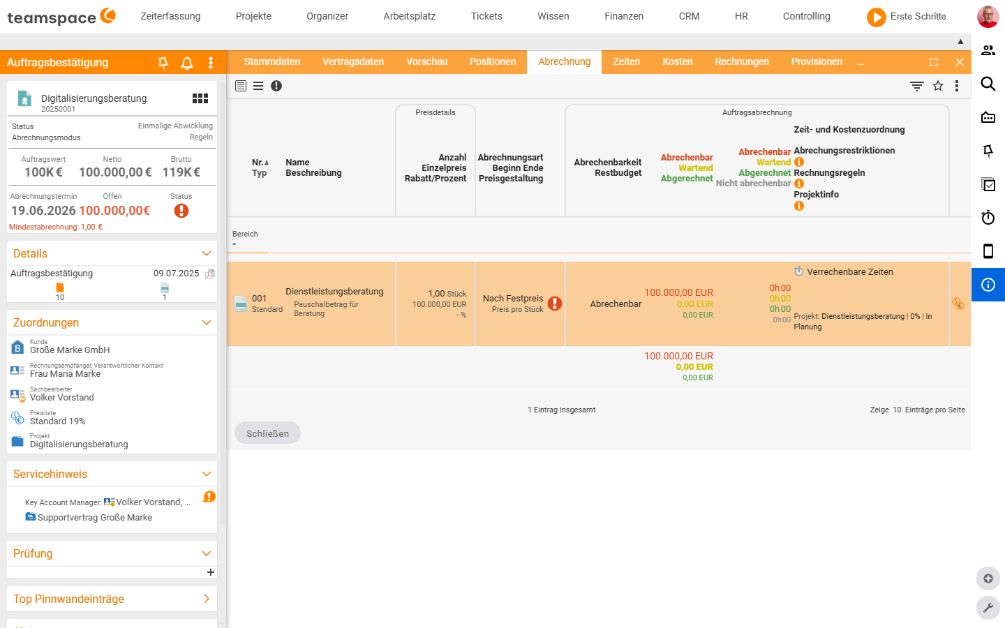 Billing tab of an order with status legend: Billable (red), Waiting (yellow), Billed (green)