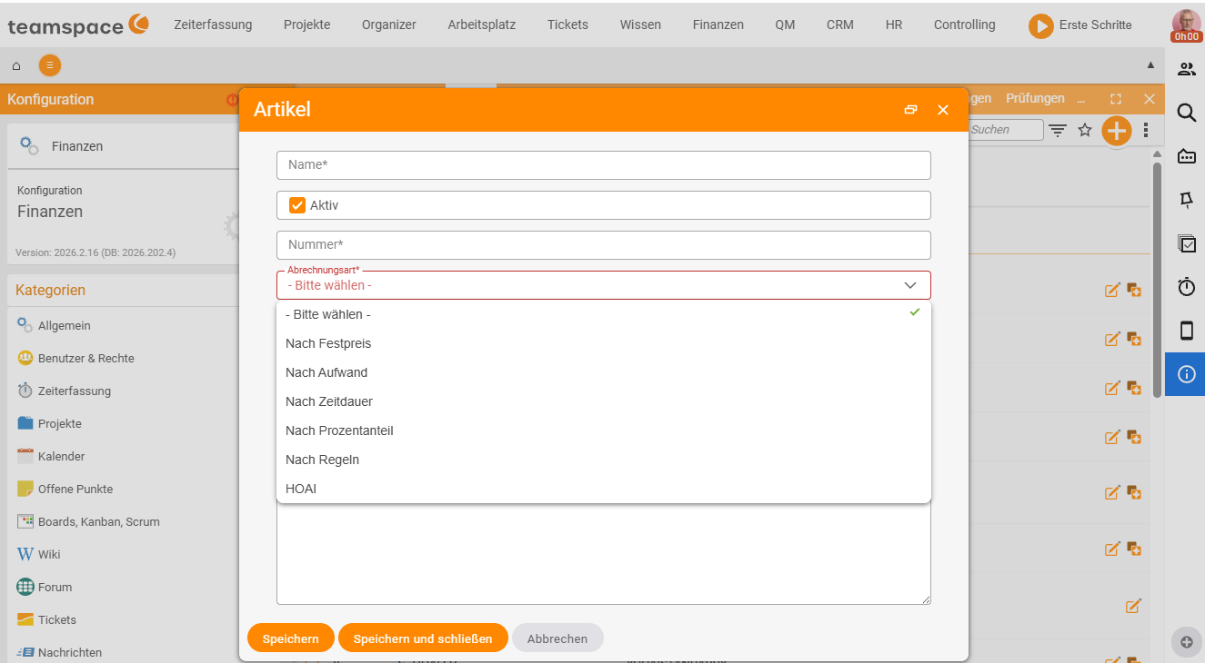 Article creation dialog with the Billing method drop-down expanded: By fixed price, By effort, By time duration, By percentage, By rules, HOAI