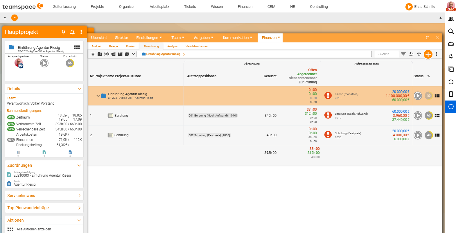 Project detail manager 'Onboarding Agentur Riesig', tab 'Finance ▸ Billing': on the left the project structure (Consulting, Training) with booked hours, on the right the linked order line items with status dots and amounts