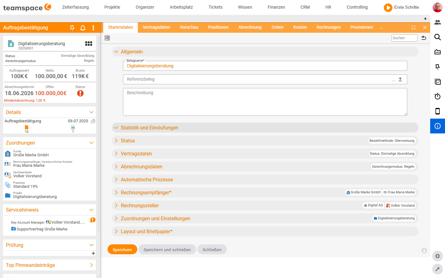 Order master data tab with the sections General, Status, Contract data and Billing data (billing mode: Rules)
