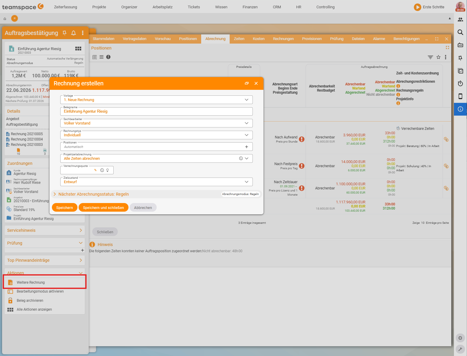 The 'Create invoice' dialogue over the order billing, with fields for time billing and the next billing status; on the left in the action menu the highlighted 'Further invoice' action