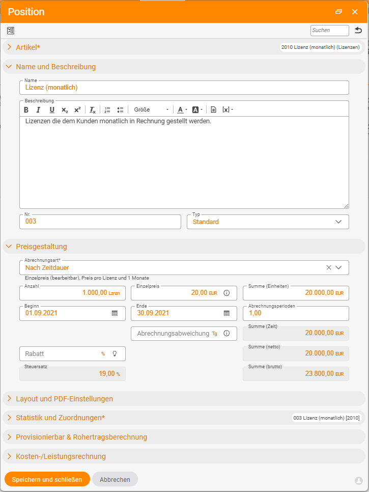 Line-item dialog 'Licence (monthly)' with the billing method 'By time duration': quantity, unit price €20.00, start 01/09/2021, end 30/09/2021, billing periods 1.00 and the 'Billing offset' field