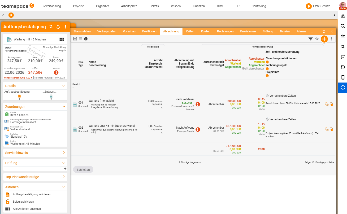 Order billing with two line items: 'Maintenance (monthly)' and 'Maintenance over 45 min (By effort)'