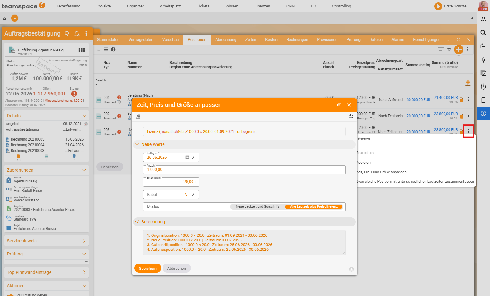 Dialog 'Adjust value, price and size' over the order billing: fields for date and new price, plus a 'Calculation' area with a preview of the line-item split
