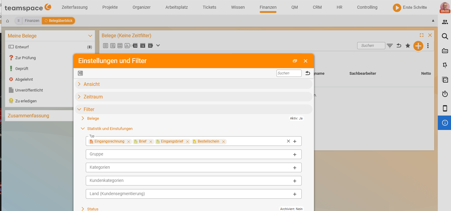 Document overview under Finance with the 'Settings and filters' dialog open: in the 'Statistics and classifications' area the type filter with the chips Incoming invoice, Letter, Incoming letter and Purchase order; on the left the status list 'My documents' (Draft, For review, Reviewed, Rejected, Unpublished, To do).