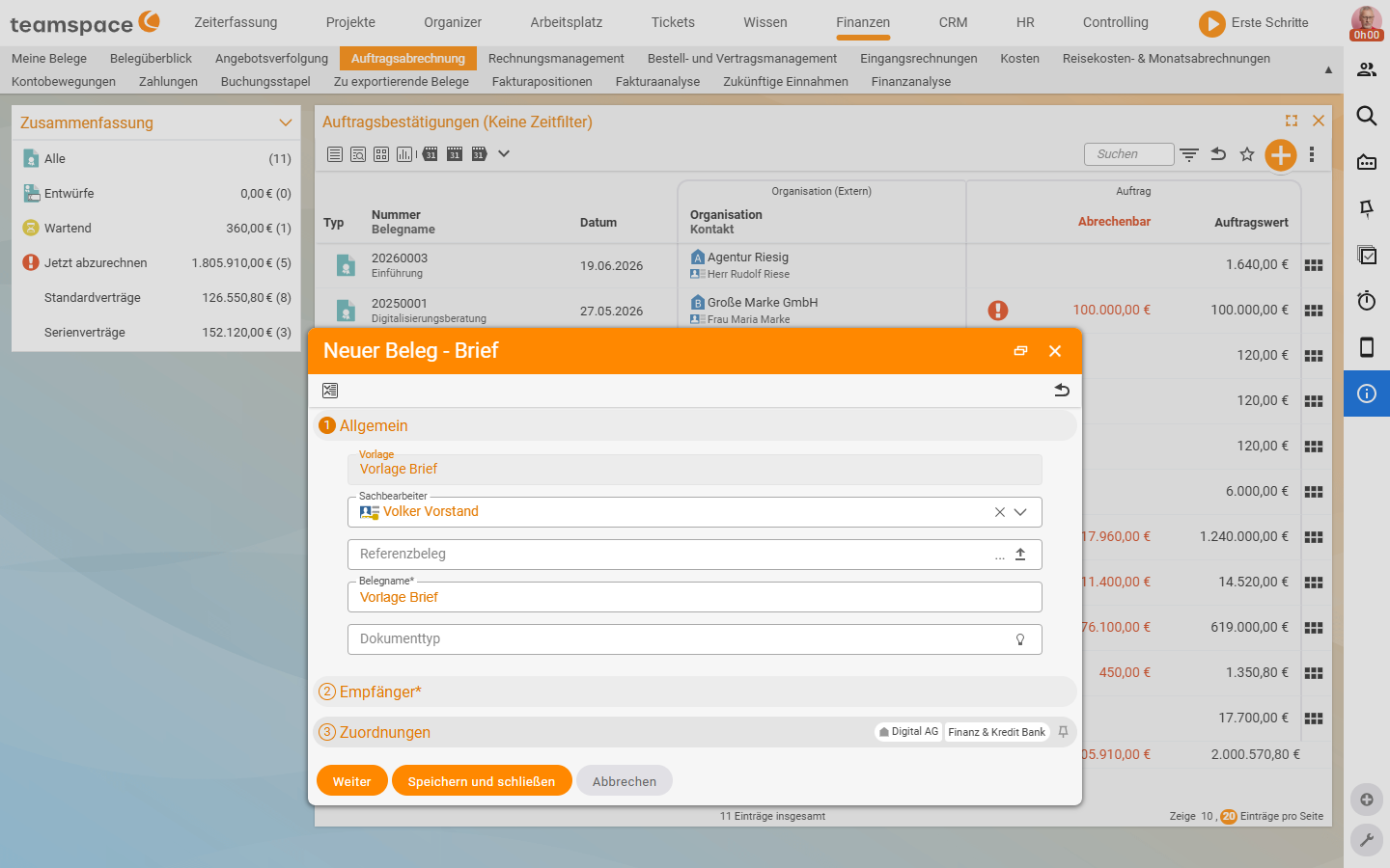 New document - Letter dialogue with Template, Agent, Document name, Document type and the steps Recipient and Assignments