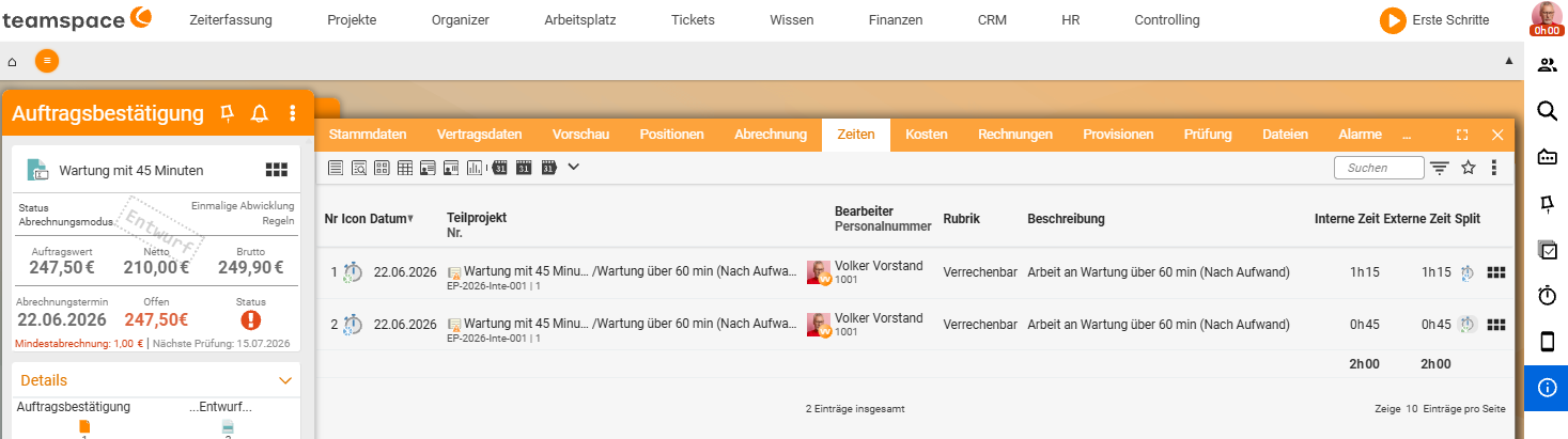 Order, tab 'Times': two billable bookings (1h15 and 0h45) for the maintenance over 60 min, total 2h00