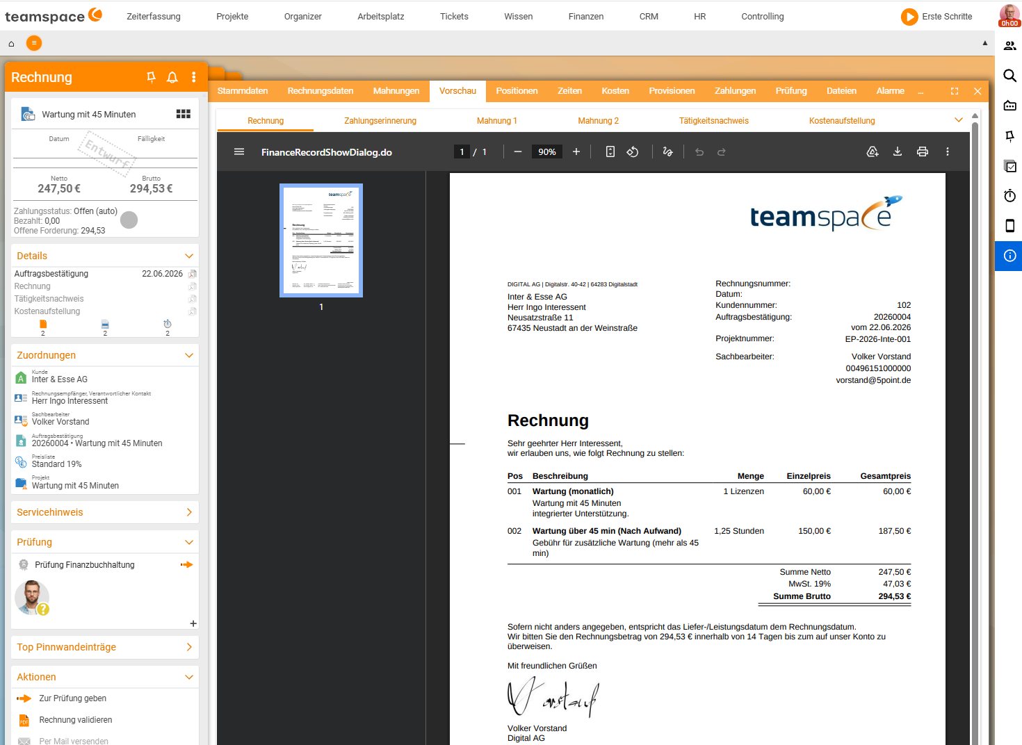 Invoice preview (PDF) with the line item 'Maintenance (monthly)' and an additional line item for the maintenance over 60 min (By effort)