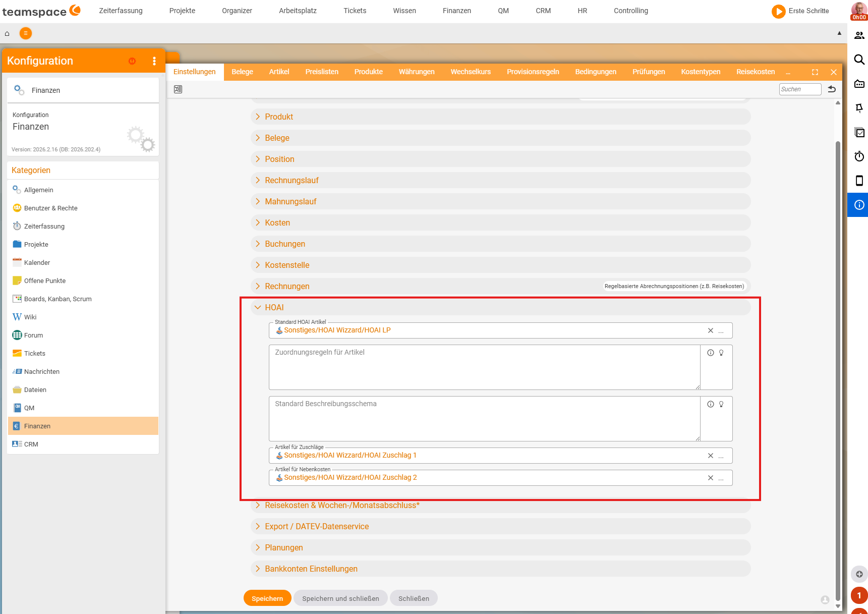Configuration → Finance → Settings, accordion 'HOAI': the fields Default HOAI article (Other/HOAI Wizzard/HOAI LP), article assignment rules, Default description scheme, Article for surcharges and Article for ancillary costs