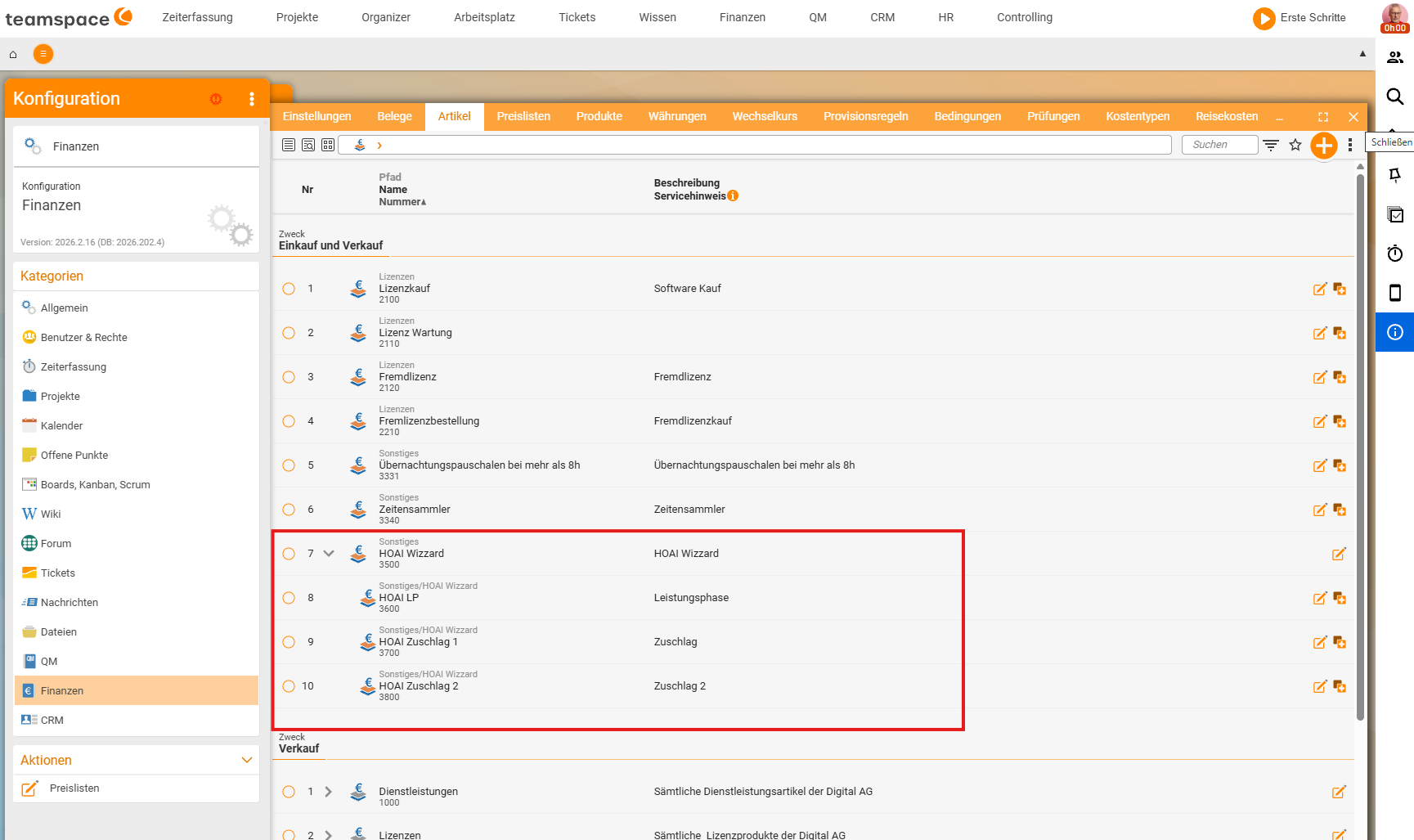 Configuration → Finance → Articles: the article list with the HOAI articles 'HOAI Wizzard', 'Work phase' and 'Surcharge' highlighted