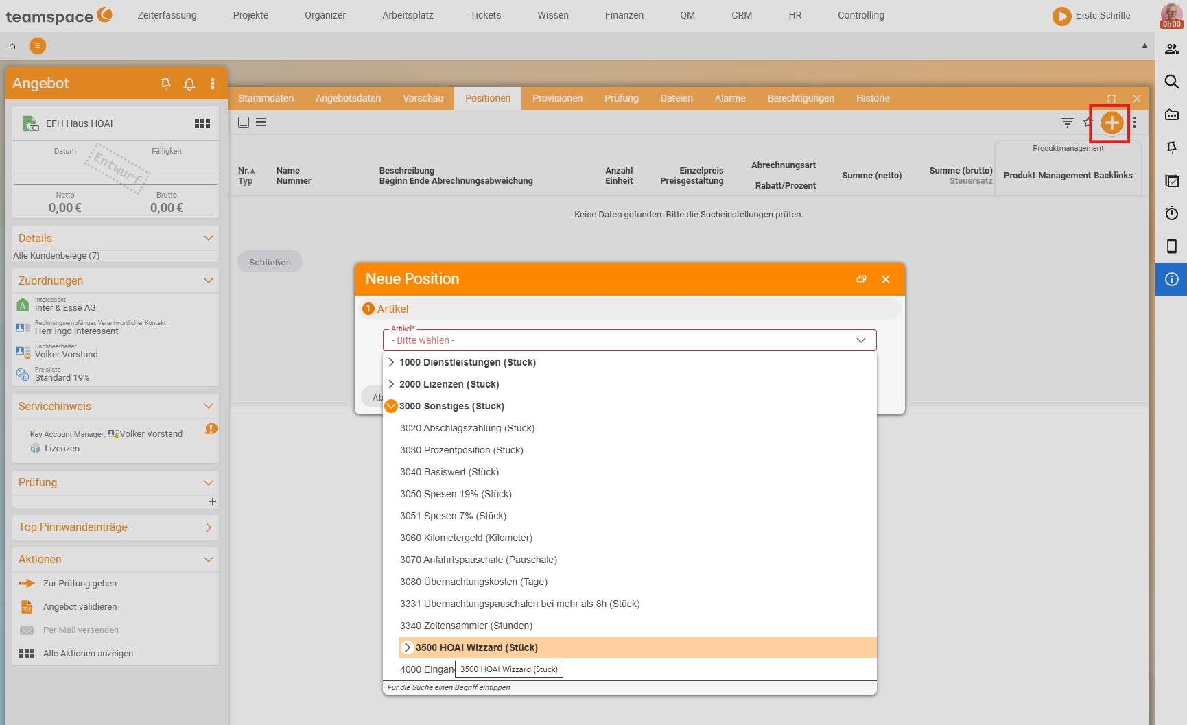Quote, tab 'Line items': the 'New line item' dialog with the article selection expanded, in which 'HOAI Wizzard' is highlighted at the bottom