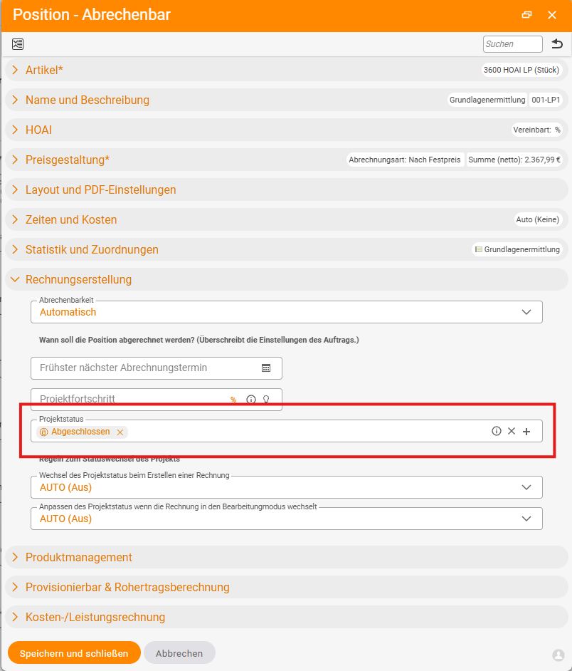 Dialog 'Line item – Billable' of a work phase (Basic evaluation, 001-LP1), accordion 'Invoice creation': Billability 'Automatic', below it the fields 'Project progress' and 'Project status' with the highlighted value 'Completed'