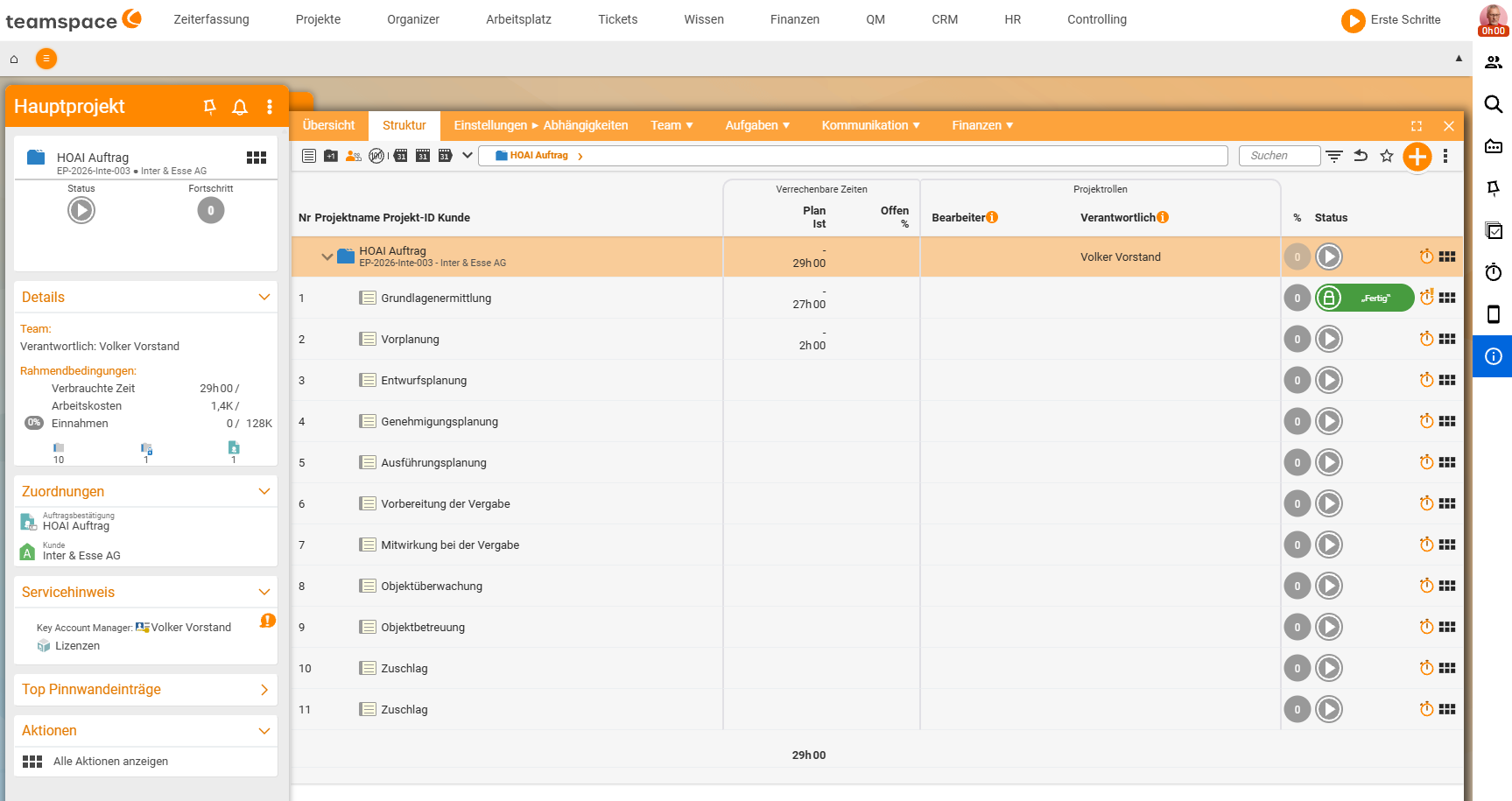 Project view of the HOAI main project: the work phases (Basic evaluation through Construction supervision) as a project structure with a status column per phase