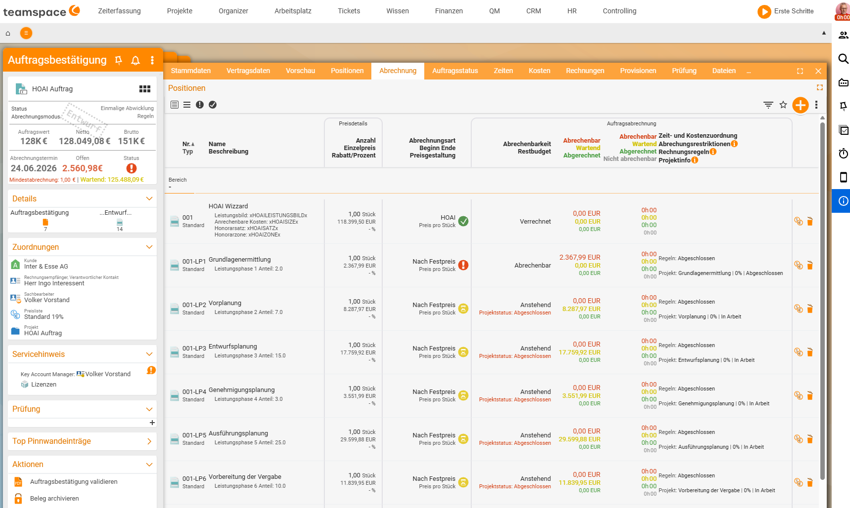 Order confirmation, tab 'Billing': the work-phase line items with the 'Billability' column and statuses such as 'Billed', 'Billable' and 'Pending' depending on the project status