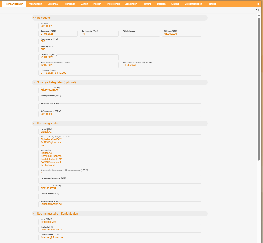 'Invoice data' tab on the document, upper part: sections 'Document data' (document date BT-2, due date BT-9, invoice type BT-3, currency BT-5, billing period BT-73/74), 'Other document data' and 'Invoice issuer' (name BT-27, VAT ID BT-31)