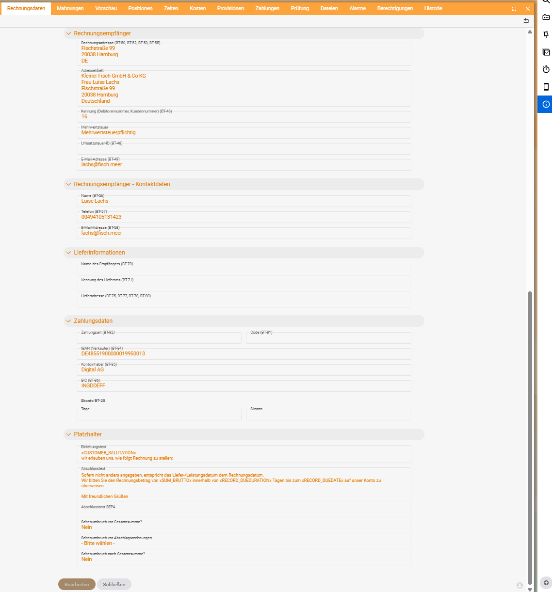 'Invoice data' tab on the document, lower part: sections 'Invoice recipient' (BT-50 ff.), 'Delivery information', 'Payment data' (IBAN BT-84, BIC BT-86) and 'Placeholders' with introductory and closing text