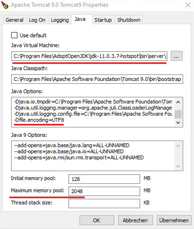 Tomcat Manager on Windows with the Java Virtual Machine, Java Options and Maximum memory pool fields