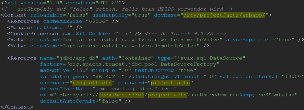 Contents of context.xml / ROOT.xml with the database connection parameters docBase, username, password and url