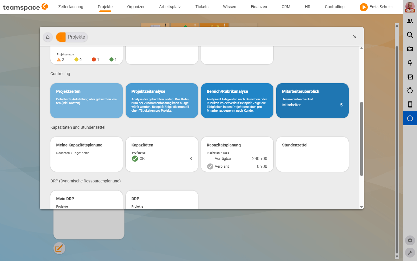 The Projects module modal, section Capacities and timesheets with the tiles My capacity planning, Capacities (check status OK, 3), Capacity planning and Timesheets, with the Controlling section above