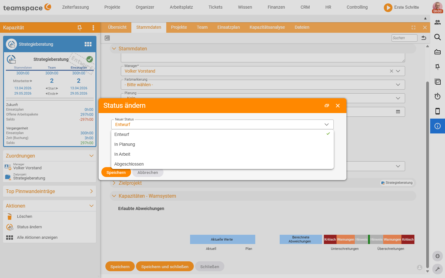 Change status dialog with the open New status drop-down: Draft, In planning, In progress, Completed, with a comment field below