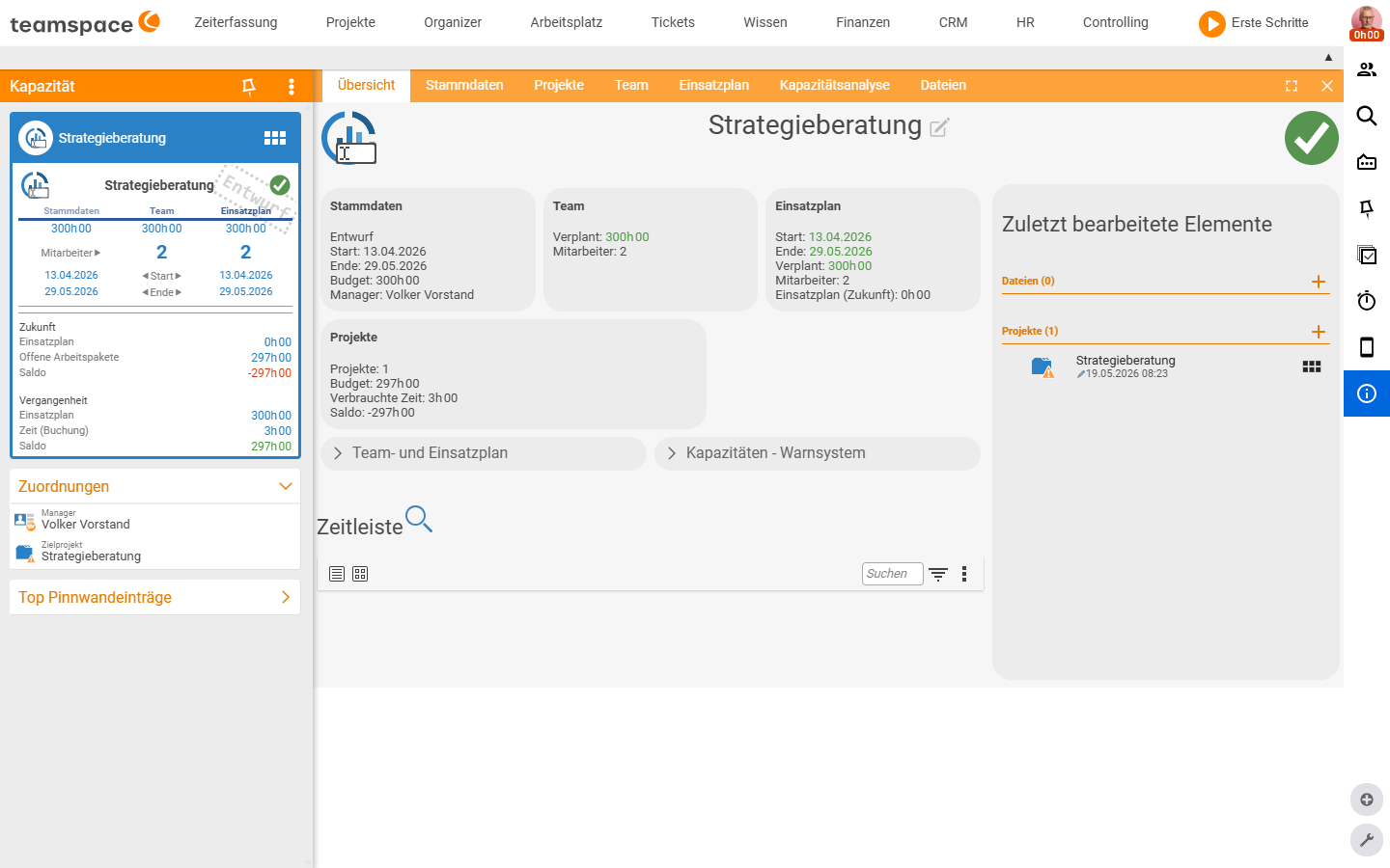 Detail manager of a capacity, Overview tab active: tab row Overview/Master data/Projects/Team/Resource schedule/Capacity analysis/Files, overview boxes Master data, Team, Resource schedule and Projects, timeline at the bottom