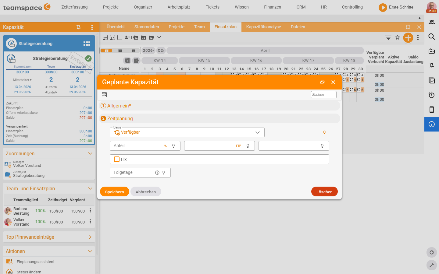 Day dialog Planned capacity, Time scheduling section: Base Available, fields Share (%), FTE and Hours, a Lock checkbox and following days