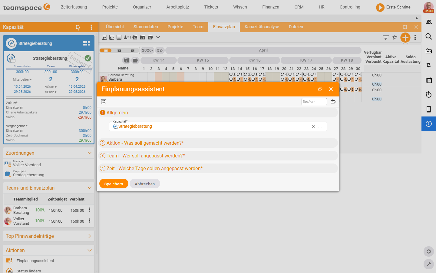 Scheduling assistant dialog with the accordion steps General (Capacity), Action - What should be done?, Team - Who should be adjusted? and Time - Which days should be adjusted?