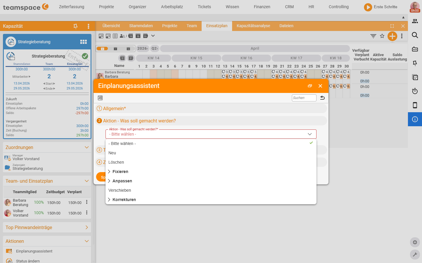 Scheduling assistant, Action step with the open drop-down: New, Delete, Lock, Adjust, Move, Corrections