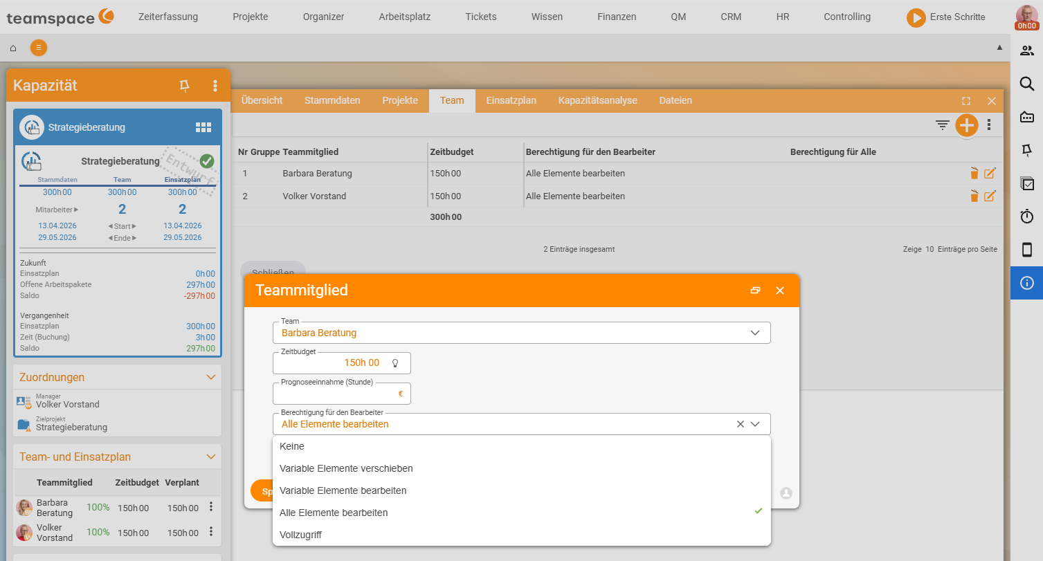 Team tab of a capacity with the open Team member dialog: open Permission for the assignee drop-down with the levels None, Move variable elements, Edit variable elements, Edit all elements and Full access
