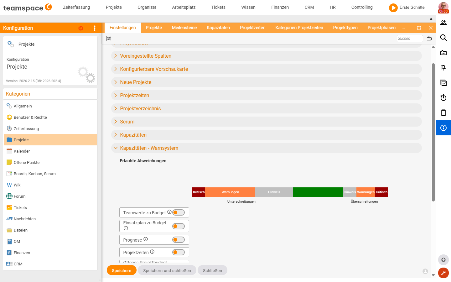 Configuration Projects Settings, Capacities - warning system accordion: Permitted deviations with the level bar Critical/Warning/Notice (shortfalls) and Notice/Warning/Critical (overruns), below them the switches Team values vs budget, Resource schedule vs budget, Forecast, Project times
