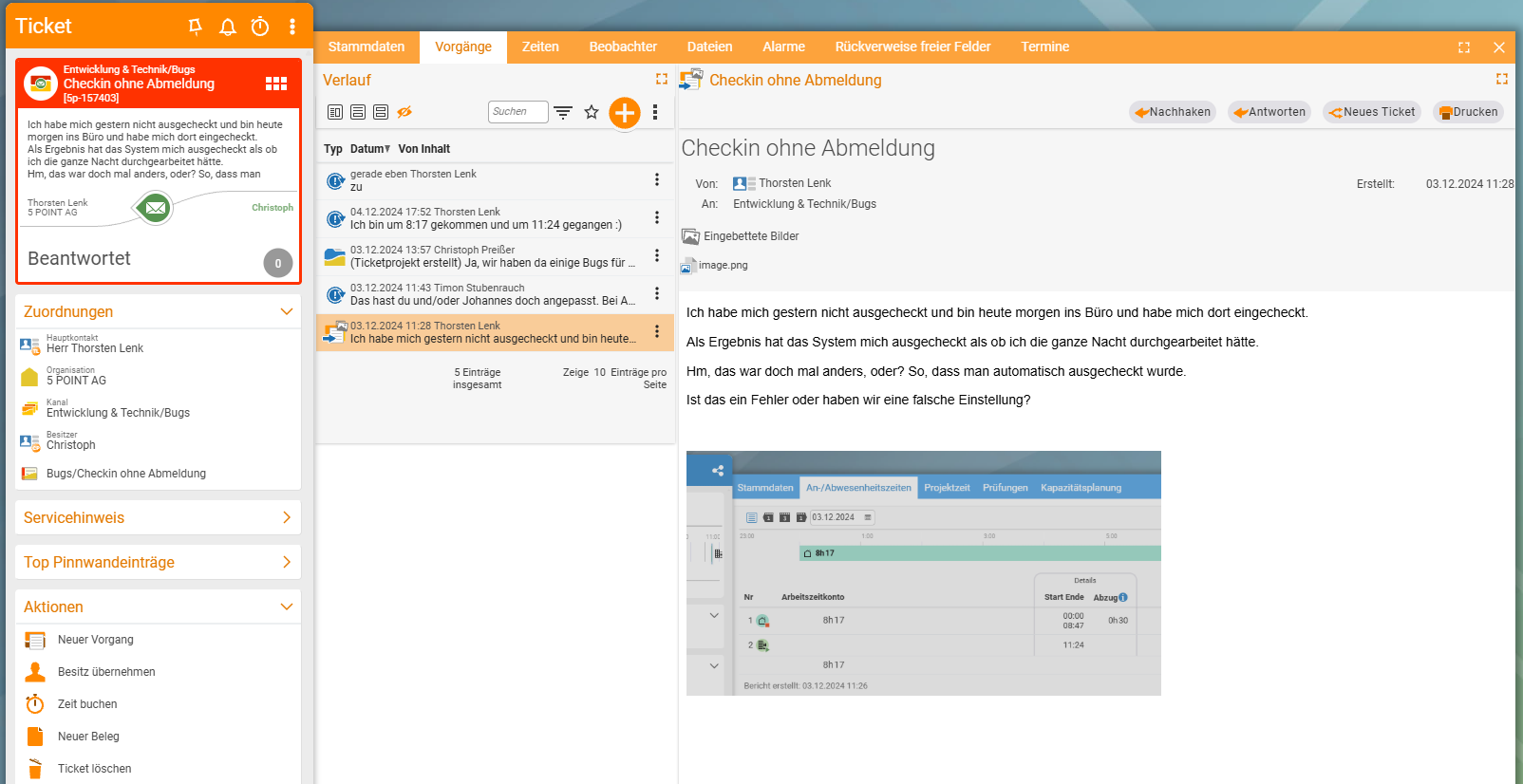 A ticket with the Activities tab: on the left the Details section with assignments and actions, in the middle the history with five entries stacked, on the right the selected entry in full text