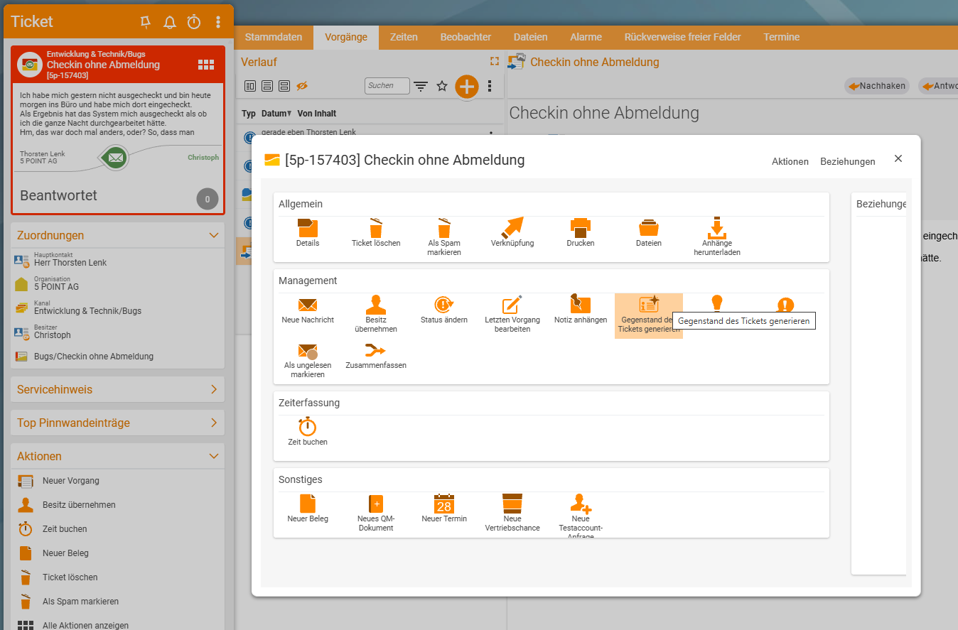 The ticket's action overview, divided into General, Management, Time tracking and Other; in the Management area are the entries Merge and Generate ticket matter, the latter highlighted and showing its tooltip