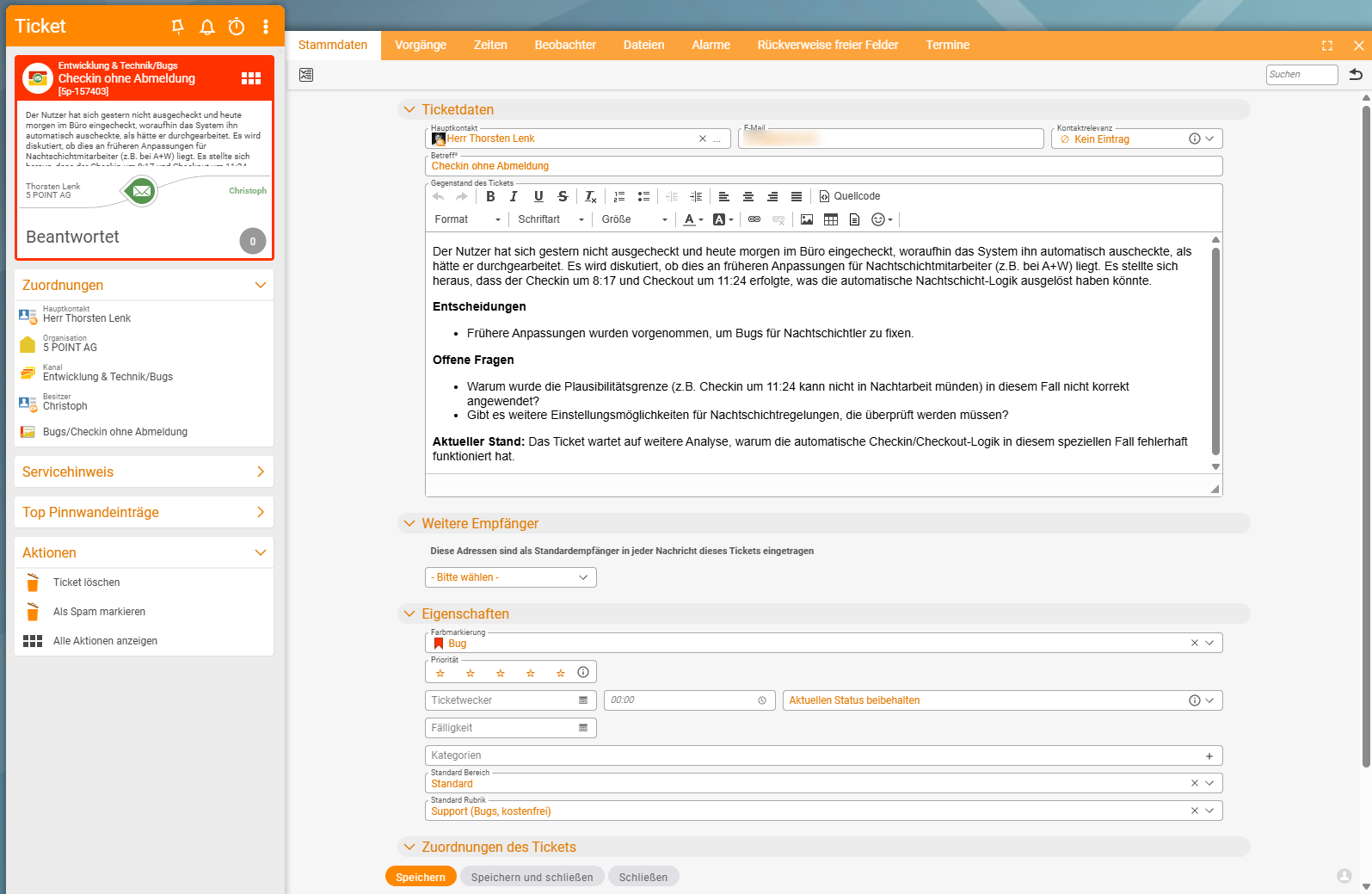 The ticket's Master data tab: the matter of the ticket field holds the generated summary with an introductory paragraph and the subheadings Decisions, Open questions and Current state. The contact's email address is redacted.