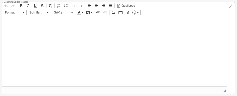 The empty Matter of the ticket field as an HTML editor with its toolbar (undo, bold, italic, lists, indents, alignment, source code, format, font, size, colours, link, image, table, emoji); at the top right next to the editor the AI magic wand icon.