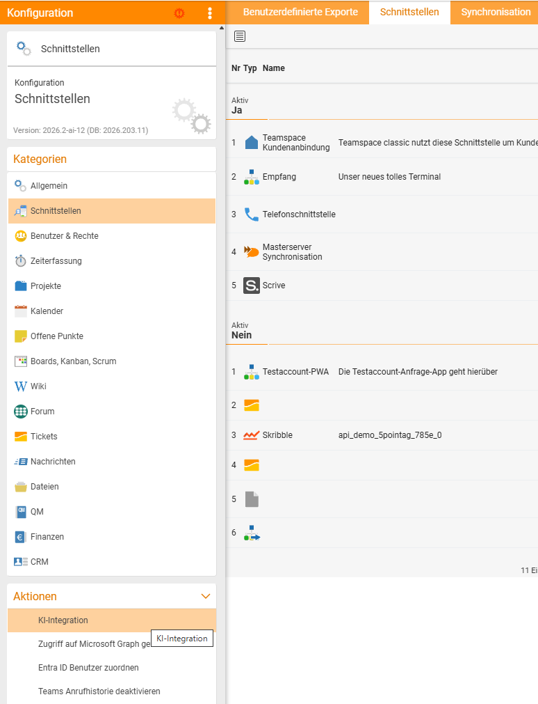 The Interfaces configuration category with the list of set-up interfaces; at the bottom left in the Actions area, the AI integration entry is highlighted. The Connection column is redacted because it contains access data.