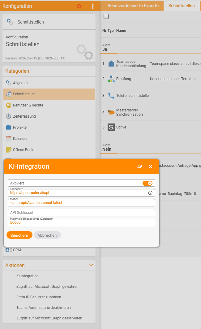The AI integration dialog above the Interfaces category: the Enabled switch is on, below it the Endpoint, Model, the empty API key and Maximum input length (characters) fields with the value 50000, at the bottom the Save and Cancel buttons; at the bottom left the Actions area with the AI integration entry is visible