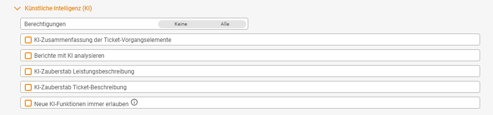 The expanded "Artificial intelligence (AI)" accordion of a user group: at the top the Permissions toggle with None and All, below it the checkboxes AI summary of ticket activity elements, Analyse reports with AI, AI magic wand service description, AI magic wand ticket description and Always allow new AI features with an info icon; all checkboxes are empty.