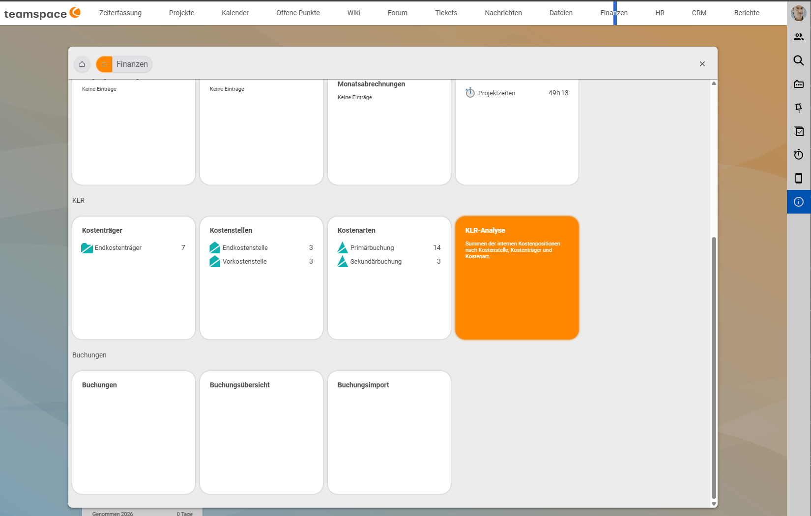 Tile overview of the Finance menu with the cost accounting area: tile Cost objects (final cost objects 7), tile Cost centres (final cost centres 3, service cost centres 3), tile Cost categories (primary posting 14, secondary posting 3) and the orange tile Cost accounting analysis – totals of the internal cost items by cost centre, cost object and cost category; below it the Postings area.