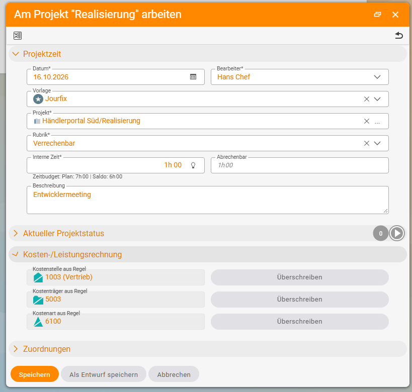 Project time dialog for the project "Realisierung" with date, assignee, project, category Billable and internal time 1h00; in the expanded "Cost accounting" section on the left "Cost centre from rule: 1003 (Sales)", "Cost object from rule: 5003" and "Cost category from rule: 6100", each with an "Override" button on the right.