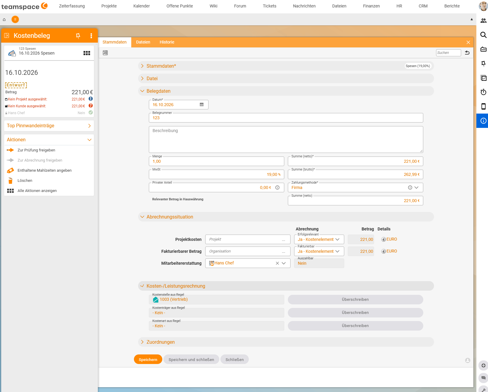 Expense receipt (expenses, €221.00, draft), "Cost accounting" section: on the left "Cost centre from rule: 1003 (Sales)", "Cost object from rule: - None -" and "Cost category from rule: - None -", each with an "Override" button on the right; above it the sections Document data and Billing situation.