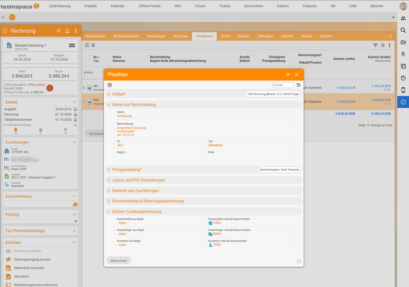 "Line item" dialog of an invoice, "Cost accounting" section: on the left cost centre, cost object and cost category from rule, each "- None -", on the right "Cost centre manually overridden: 1003", "Cost object manually overridden: 5004" and "Cost category manually overridden: 7000".