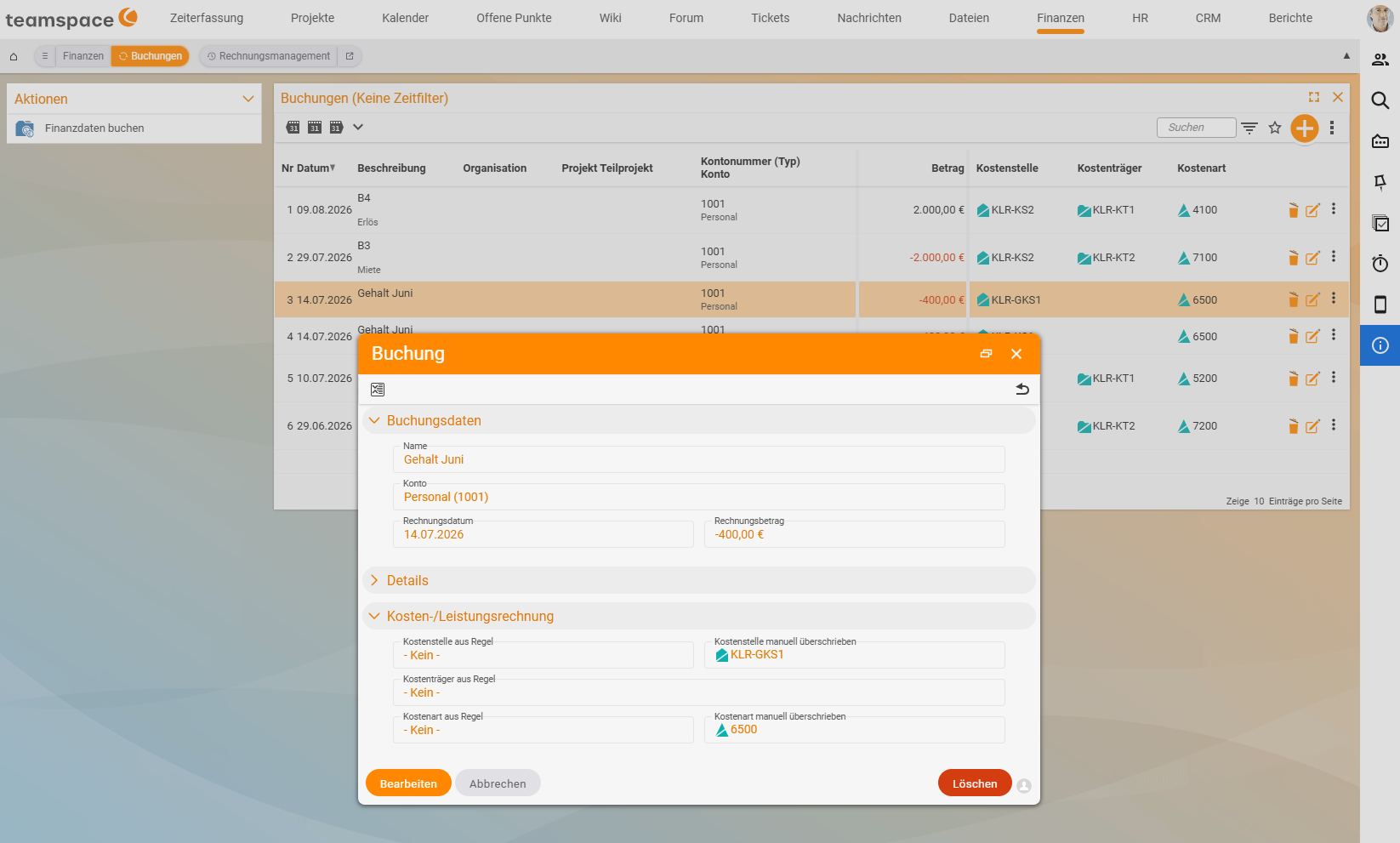 "Posting" dialog of the general posting "Salary June" (account Personnel 1001, 14/07/2026, −€400.00) above the "Postings" list in the Finance menu; in the "Cost accounting" section all rule values are "- None -", the cost centre KLR-GKS1 and the cost category 6500 are manually overridden, no cost object.