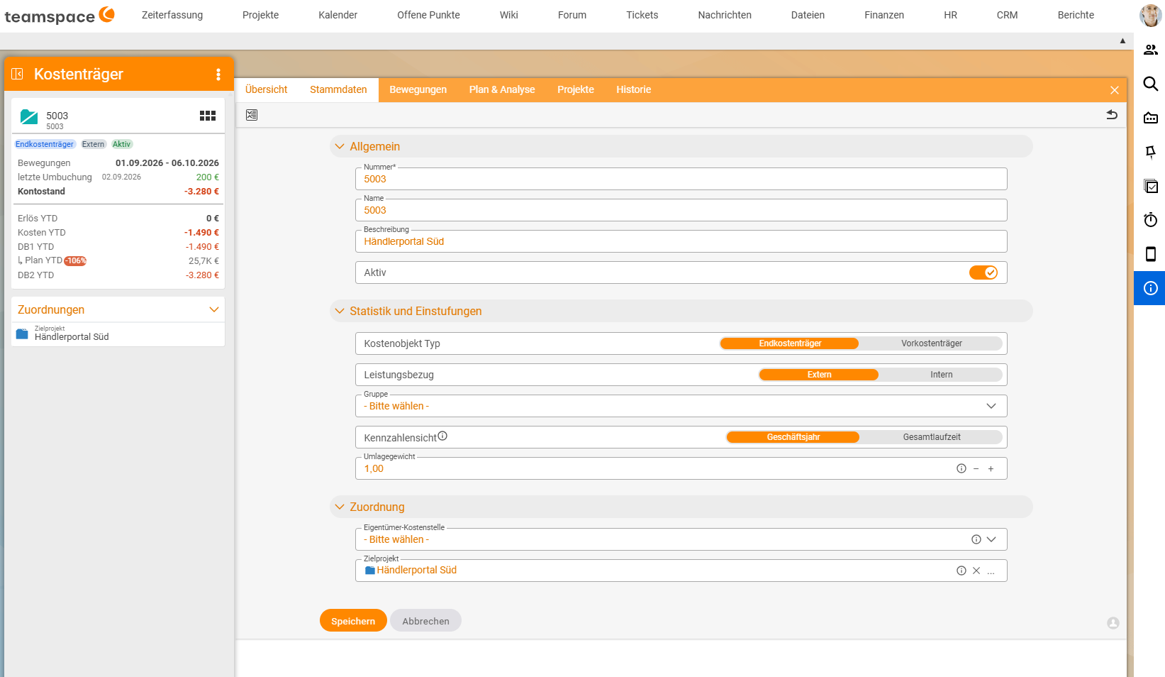 Detail manager of cost object 5003, Master data tab: General section with number, name, description "Händlerportal Süd" and Active switch; "Statistics and classifications" section with cost object type (final cost object selected, intermediate cost object), service basis (External selected, Internal), group, metrics view (Financial year selected, Total term) and allocation weight 1.00; Assignment section with owner cost centre and target project "Händlerportal Süd".