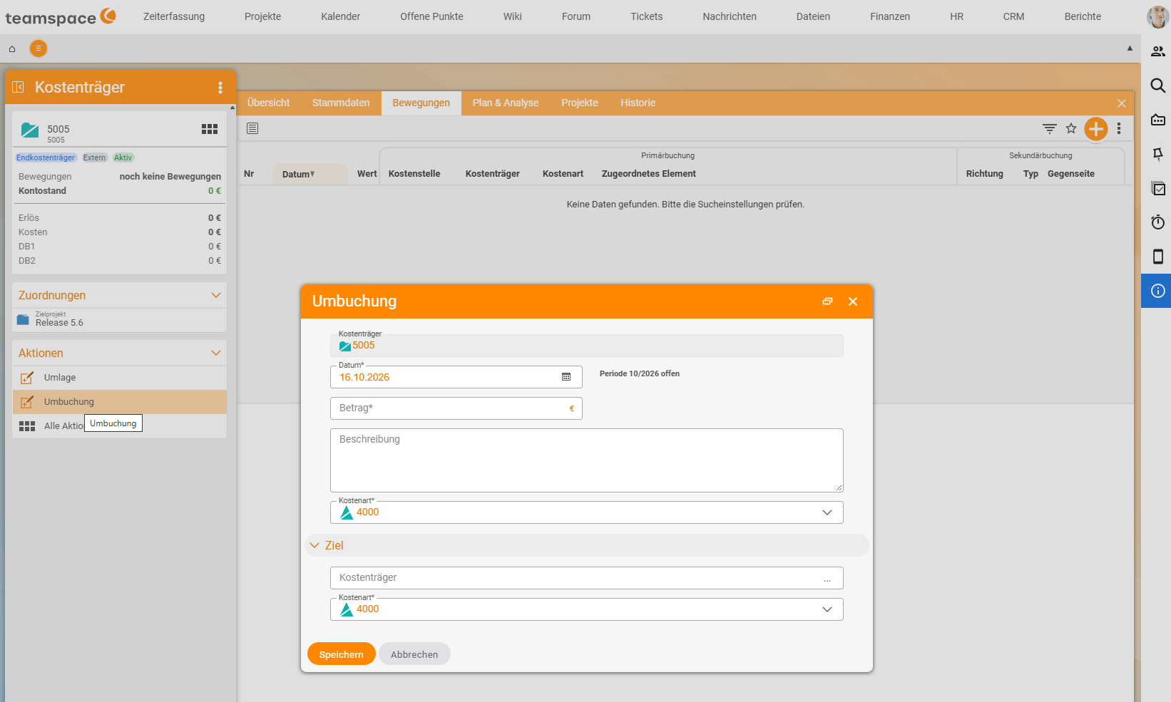 "Reposting" dialog, opened via the Reposting action on cost object 5005: at the top cost object 5005 as the source, below it Date* 16/10/2026 with the hint "Period 10/2026 open", Amount*, Description and Cost category* 4000; in the "Target" section the fields Cost object and Cost category*; at the bottom Save and Cancel.
